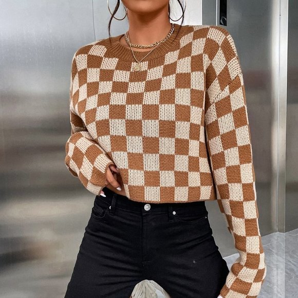 Preppy Checkered Pattern Drop Shoulder Sweater Brown - Picture 5 of 5